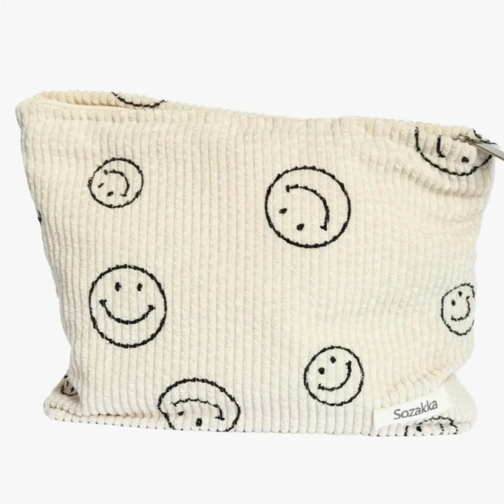 Corduroy Smiley Face Large Makeup Pouch Bag